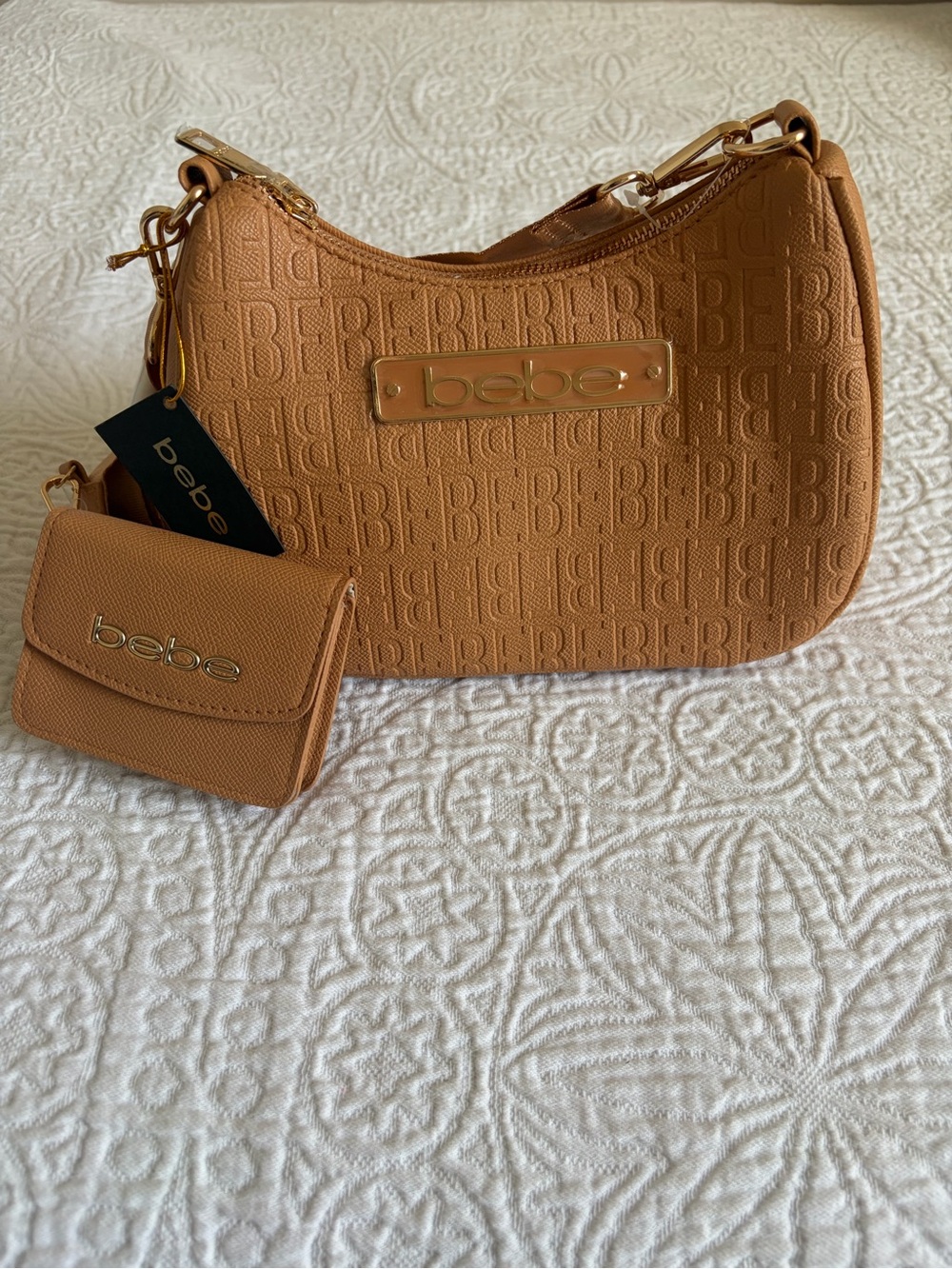 NWT bebe Thea Crossbody w/ Card Case Camel Gold Hardware